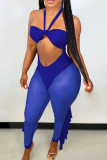 Blue Sexy Solid Flounce Mesh Halter Skinny Jumpsuits