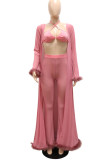Pink Sexy Solid Patchwork Feathers Long Sleeve Two Pieces