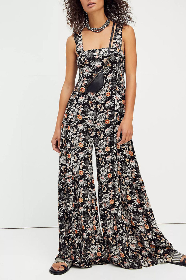 Black Casual Print Patchwork Straight Jumpsuits