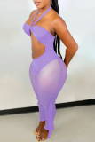 Purple Sexy Solid Flounce Mesh Halter Skinny Jumpsuits