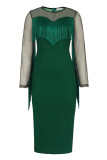 Green Elegant Solid Tassel Patchwork O Neck Evening Dress Dresses