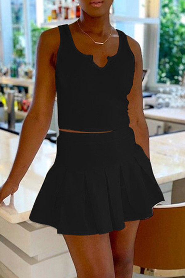 Black Sexy Casual Solid Vests U Neck Sleeveless Two Pieces