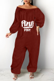 Brown Casual Print Split Joint Off the Shoulder Loose Jumpsuits