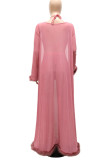 Pink Sexy Solid Patchwork Feathers Long Sleeve Two Pieces