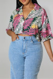 Pink Fashion Casual Print Basic Turndown Collar Tops