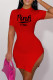 Red Fashion Casual Letter Print Slit O Neck Short Sleeve Dress