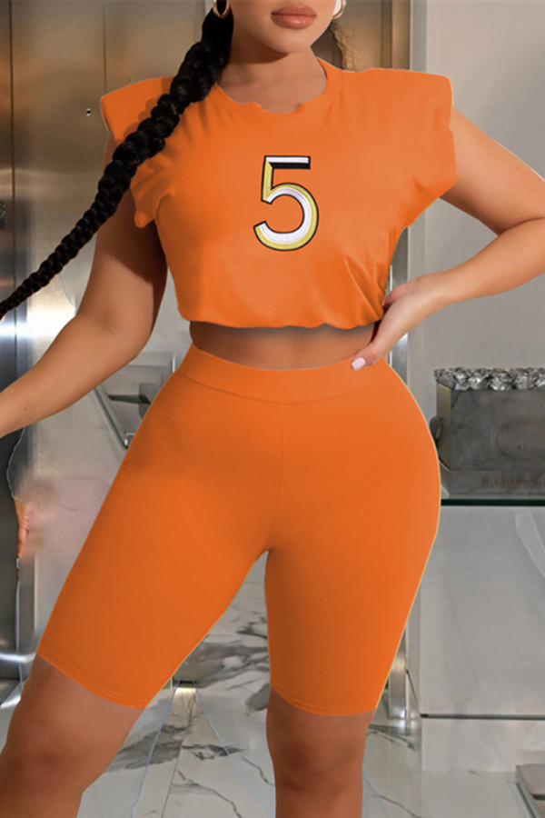 Orange Fashion Casual Solid Embroidered O Neck Sleeveless Two Pieces