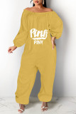 Yellow Casual Print Split Joint Off the Shoulder Loose Jumpsuits