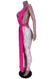Rose Red Sexy Print Patchwork V Neck Sleeveless Two Pieces