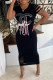 Black Fashion Casual Print Ripped O Neck One Step Skirt Dresses