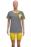 Yellow Fashion Casual Striped Two Piece Suits Straight Short Sleeve Two Pieces
