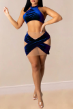 Deep Blue Sexy Solid Mesh Halter Sleeveless Two Pieces