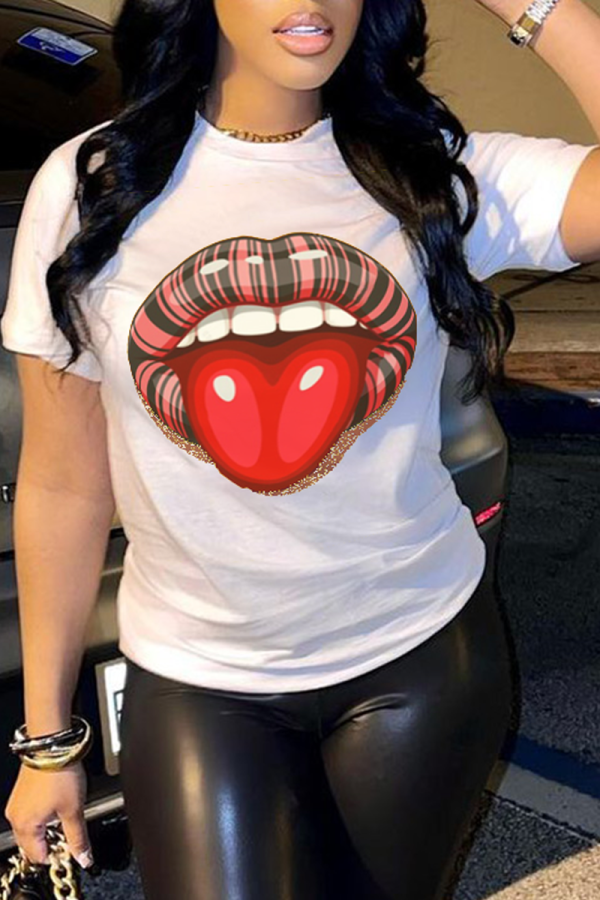 White Fashion Street Lips Printed Patchwork O Neck T-Shirts