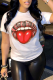 White Fashion Street Lips Printed Patchwork O Neck T-Shirts
