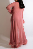 Pink Sexy Solid Patchwork Feathers Long Sleeve Two Pieces