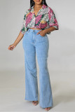 Pink Fashion Casual Print Basic Turndown Collar Tops