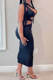 Black Fashion Sexy Solid Hollowed Out Backless One Shoulder Sleeveless Dress Dresses