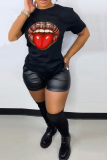 Grey Fashion Street Lips Printed Patchwork O Neck T-Shirts