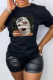 Black Fashion Street Print Patchwork Letter O Neck T-Shirts