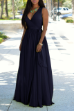Black Fashion Solid Split Joint V Neck Waist Skirt Dresses