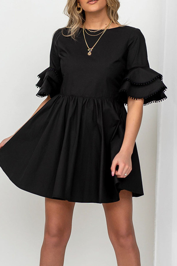 Black Casual Print Patchwork Backless O Neck A Line Dresses