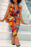 Multicolor Fashion Casual Print Basic Zipper Collar Skinny Jumpsuits