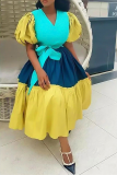 Yellow Fashion Patchwork Flounce V Neck Cake Skirt Dresses