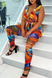 Multicolor Fashion Casual Print Basic Zipper Collar Skinny Jumpsuits