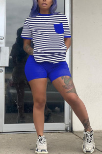 Blue Fashion Casual Striped Two Piece Suits Straight Short Sleeve Two Pieces