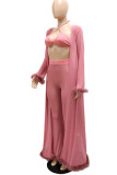 Pink Sexy Solid Patchwork Feathers Long Sleeve Two Pieces