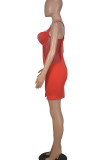 Red Sexy Solid Hollowed Out Split Joint Hot Drill Spaghetti Strap Pencil Skirt Dresses