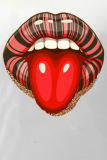 Grey Fashion Street Lips Printed Patchwork O Neck T-Shirts