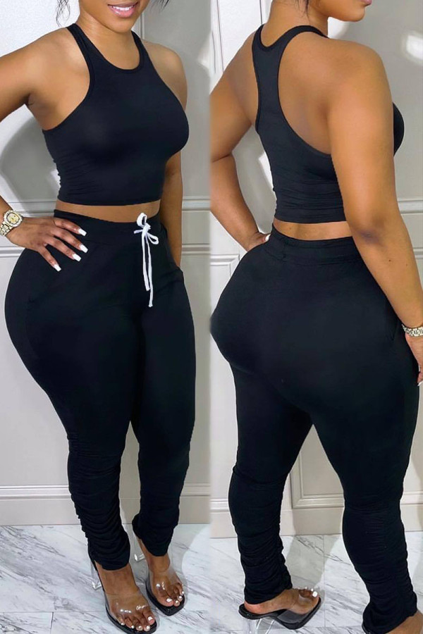Black Casual Sportswear Solid Patchwork O Neck Sleeveless Two Pieces
