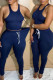 Tibetan Blue Casual Sportswear Solid Patchwork O Neck Sleeveless Two Pieces