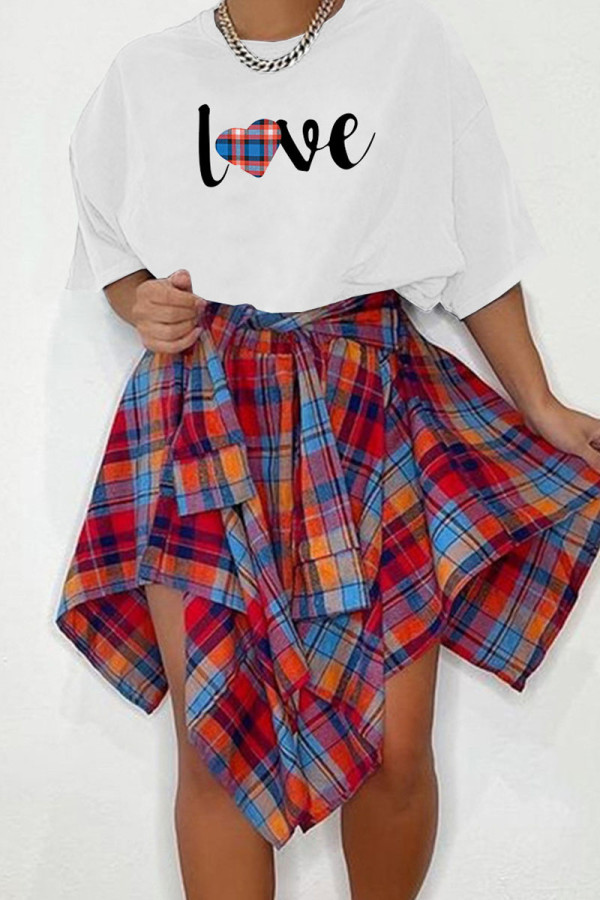 Red Blue Casual Sweet Plaid Print Patchwork O Neck Short Sleeve Two Pieces