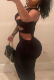 Black Fashion Sexy Solid Hollowed Out Backless One Shoulder Sleeveless Dress Dresses