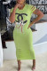 Light Green Fashion Casual Print Ripped O Neck One Step Skirt Dresses
