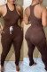 Coffee Casual Sportswear Solid Patchwork O Neck Sleeveless Two Pieces