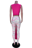 Rose Red Sexy Print Patchwork V Neck Sleeveless Two Pieces
