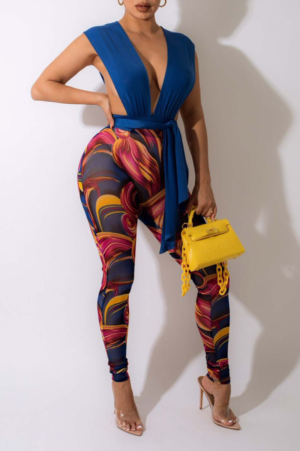 Blue Sexy Print Patchwork V Neck Sleeveless Two Pieces