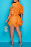 Tangerine Red Casual Solid Hollowed Out Patchwork O Neck Half Sleeve Two Pieces
