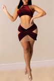 Deep Blue Sexy Solid Mesh Halter Sleeveless Two Pieces
