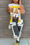 White Sexy Street Print Patchwork Slit O Neck T-Shirts