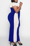 Blue Sexy Patchwork Bandage Flounce V Neck One Step Skirt Plus Size Dresses