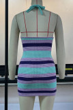 Blue Sexy Print Patchwork Backless Halter Pencil Skirt Dresses