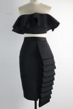 White Sexy Solid Patchwork Flounce Asymmetrical Strapless Sleeveless Two Pieces