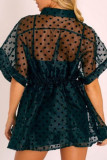 Black Sexy Print Patchwork Buckle See-through Turndown Collar Short Sleeve Two Pieces