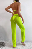 Fluorescent Yellow Sexy Solid Split Joint See-through Halter Sleeveless Two Pieces