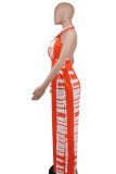 Red Casual Print Split Joint Backless Halter Straight Jumpsuits