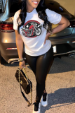 White Fashion Vintage Print Letter O Neck T-Shirts